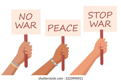 Manos sujetando carteles contra la guerra