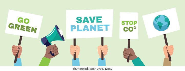 Manos sosteniendo pancartas con citas verdes. Gente protestando contra el cambio climático. Salvemos el concepto de huelga del planeta. Material vectorial 