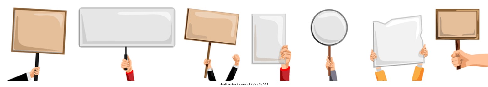 Hands holding placards. Isolated activist person hand holding blank sign, placard and banner set. Vector empty protest message posters. Demonstration and political announcement concept - Shutterstock ID 1789368641