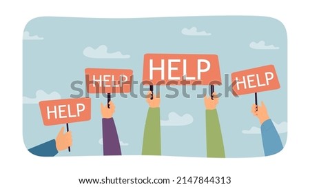 Hands holding placards with word help flat vector illustration. People with red sign boards asking for help. Emergency, rescue concept for banner, website design or landing web page