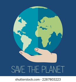 Hands holding planet Earth. Caring for environment, green ecology natural concept. Save the planet. Global warming and climate change. Environmentally friendly icon. Nature with forests and oceans