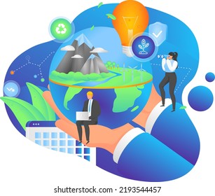 Hands holding planet Earth. Climate corporate responsibility and sustainable economy development cocenpt vector illustration. Green renewable energy industry.  Commitment to decrease co2 emmision