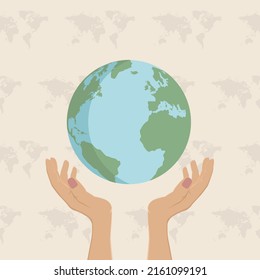 Hands holding  planet Earth flat style illustration. Save the planet, environment, ecology concept. 
