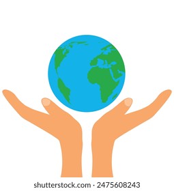 Hands Holding Planet Earth Flat Design. Environment and nature care concept vector