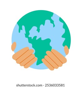 Hands holding planet Earth. Flat design. Planet protection and care. Isolated object on white background.