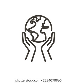 Hands holding planet earth globe vector thin line icon. Minimal illustration for concepts of environment awareness, ecology, traveling, freedom, globalization