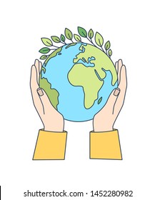 Hands holding planet Earth with green leaves growing on it isolated on white background. Ecological movement, ecology support, responsibility for nature. Modern vector illustration in line art style.