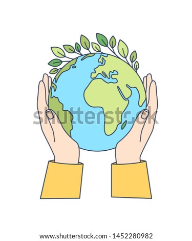 Hands holding planet Earth with green leaves growing on it isolated on white background. Ecological movement, ecology support, responsibility for nature. Modern vector illustration in line art style.