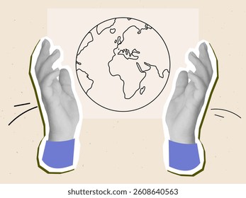 Hands holding a planet Earth. Modern collage style. Vector illustration