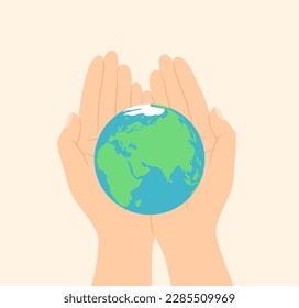 The hands holding the planet Earth in palms. Vector illustration in flat style