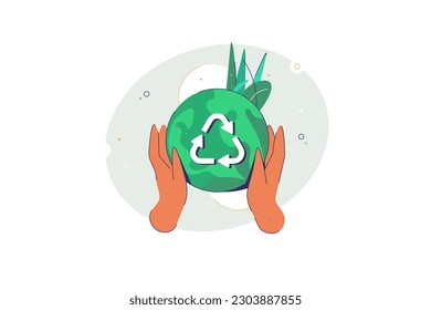 Hands Holding Planet Earth With Recycle Symbol Vector Illustration. Protecting earth planet with recycle arrows. Care for the environment