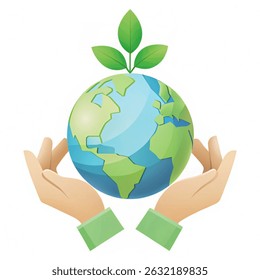 Hands Holding Planet Earth with Recycle Symbol. Cartoon Image of a Hands Holding Planet Earth with a green plant and a Recycling Symbol for Earth Day environment day or earth day. vector isolated on 
