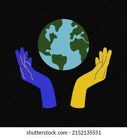 Hands holding planet earth. Support Ukraine concept. Abstract contemporary hand drawn poster, minimal banner. Vector art