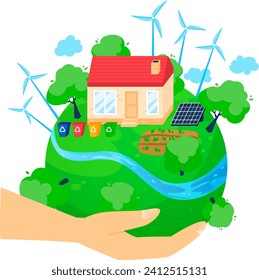 Hände, die unseren Planeten mit umweltfreundlichem Haus, Windturbinen und Solarpaneelen halten. Erneuerbare Energien und nachhaltiges Leben, Vektorgrafik.