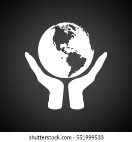 Hands holding planet icon. Black background with white. Vector illustration.