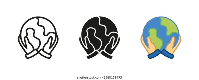 Hands holding planet icon. Earth protection vector illustration. Global care and sustainability symbol. Ecology and environmental responsibility pictogram. Nature conservation sign. Unity concept.