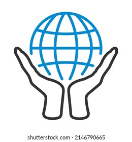 Hands Holding Planet Icon. Editable Bold Outline With Color Fill Design. Vector Illustration.