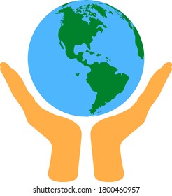 Hands Holding Planet Icon. Flat Color Design. Vector Illustration.