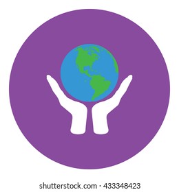 Hands holding planet icon. Flat design. Vector illustration.