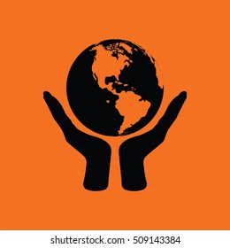 Hands holding planet icon. Orange background with black. Vector illustration.