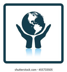Hands holding planet icon. Shadow reflection design. Vector illustration.