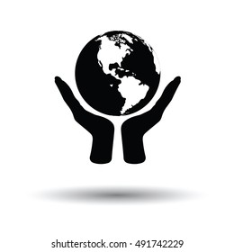 Hands holding planet icon. White background with shadow design. Vector illustration.