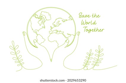 Hands holding planet in linear style on white background. Cute template with save the planet slogan. Concept of environmental and ecology. Flat cartoon vector illustration