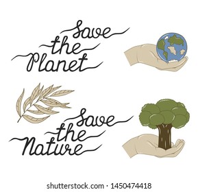 Hands holding planet and tree  illustration. Save the nature and earth concept. Go green design.