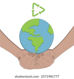 Hands holding planet with waste recycling sign, nature conservation and save environment concept, ecology concept, green recycle icon, rotation arrow symbol, World Earth Day Concept