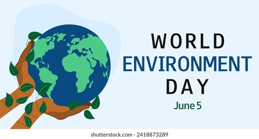 Hands holding the planet. World Environment Day. June 5. Save earth. Template for banner, flyer, presentation, card, poster. Vector illustration.