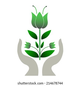 Hands holding plant abstract logo vector illustration