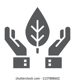 Hands holding plant glyph icon, ecology and energy, plant conservation sign, vector graphics, a solid pattern on a white background, eps 10.