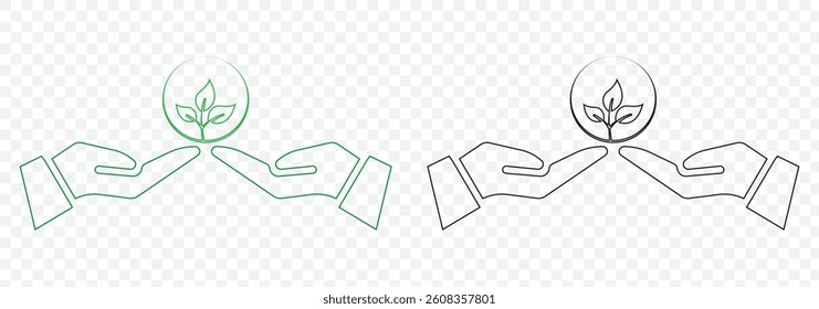 Hands holding plant icon in line style. For your design, logo. Vector illustration. Natural product symbol with hands holding plant sprout for badges design, natural product on Transparent Background.