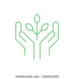 Hands holding plant, linear vector icon