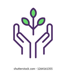 Hands holding plant, linear vector icon. Growth concept.