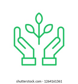 Hands holding plant, linear vector icon