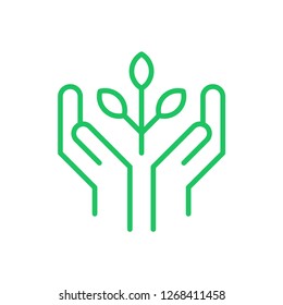 Hands holding plant, linear vector icon. Growth concept.