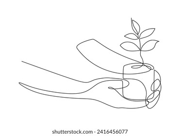 Hands holding plant on pottery. One line continuous drawing. Ecology farm concept.