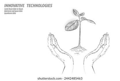  Manos que sostienen el concepto abstracto ecológico del brote de la planta. Hojas de árbol de plántulas de render 3D. Guardar planeta naturaleza medio ambiente crecer vida eco polígono triángulos bajo poli vector ilustración