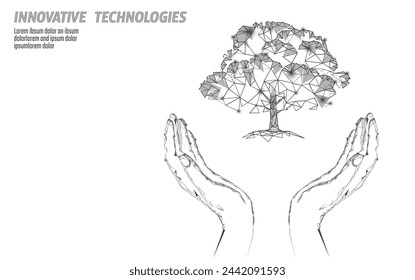  Hands holding plant tree ecological abstract concept. 3D render planting soil seedling leaves. Save planet nature environment grow life. Eco polygon triangles low poly vector illustration