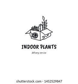 Hands holding plants in box. Doodle style hand drawn illustration. Delivery or moving concept. Gardening. Sansevieria and cactus. Stock vector