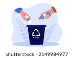 Hands holding plastic bottles to throw into trash container. Persons sorting garbage flat vector illustration. Environment, ecology, waste concept for banner, website design or landing web page