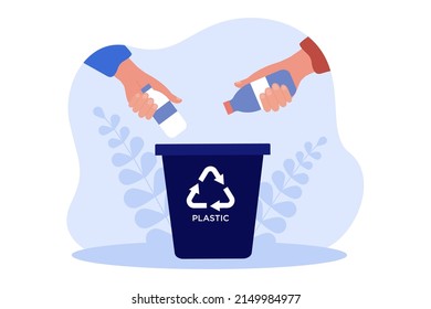 Hands holding plastic bottles to throw into trash container. Persons sorting garbage flat vector illustration. Environment, ecology, waste concept for banner, website design or landing web page