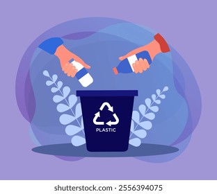 Hands holding plastic bottles to throw into trash container. Persons sorting garbage flat vector illustration. Environment, ecology, waste concept for banner, website design or landing web page