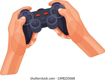 Hands holding plastic game joystick from modern computer games. Gamepad for game console, entertainment, sleight of hand, gaming activities. Vector illustration isolated.
