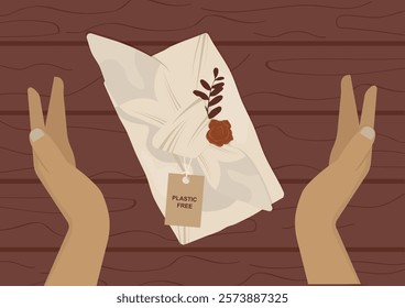 Hands holding Plastic-Free Product with Floral Design. Sustainable packaging for valentine gift, wedding or birthday. Ecological gift and love. Furoshiki packaging. Flat style. Vector illustration