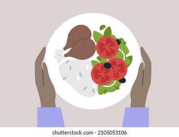 Hands holding a plate with a balanced main course: chicken meat, rice and vegetable salad