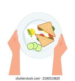 Hands holding plate  with  eggs, sandwich, tomatoes, cucumbers, arugula on a plate for breakfast or lunch. Healthy food. Vector illustration isolated on a white background