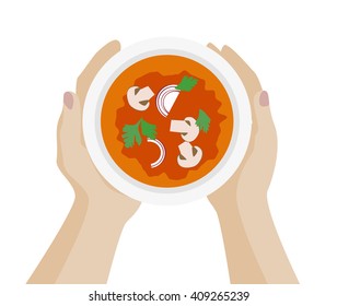 Hands Holding Plate Of Soup With Mushrooms. Top View. Vector Illustration.