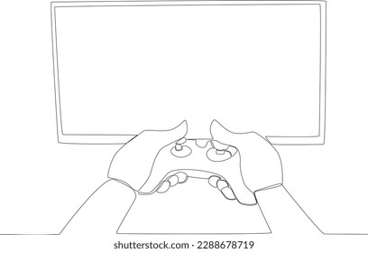 Hands holding play station while playing online games. Online gaming one-line drawing